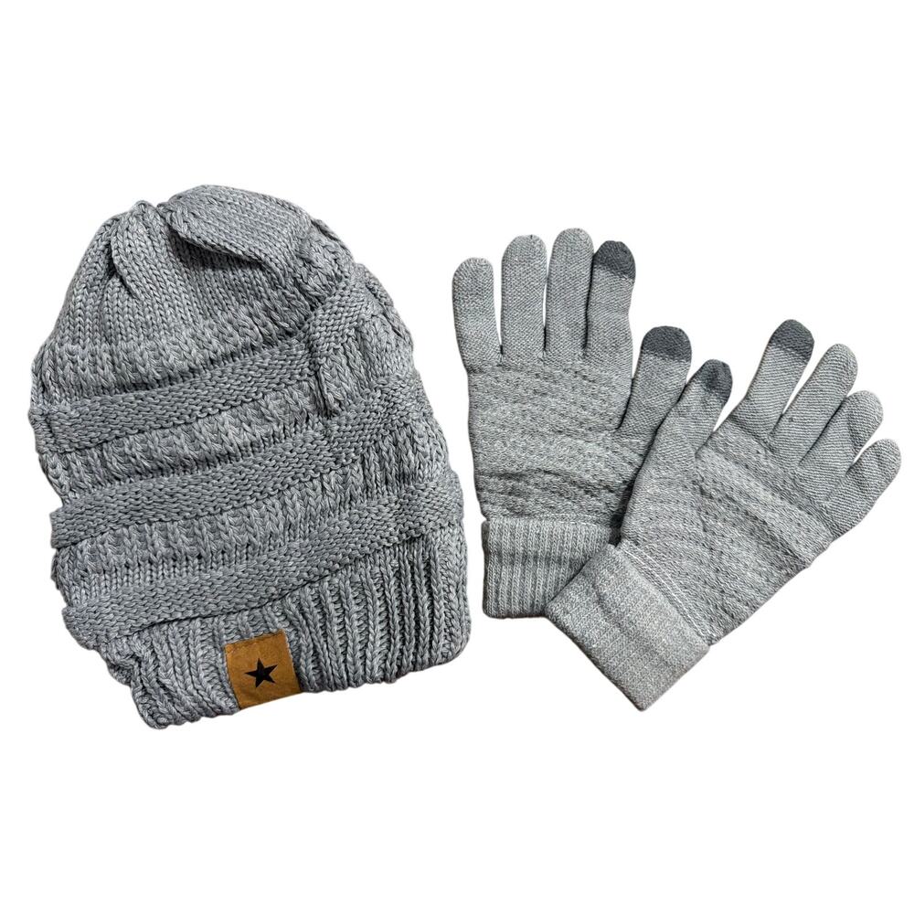 Women's Gray Lined Beanie & Touch Screen Gloves Set Winter Hat Cap